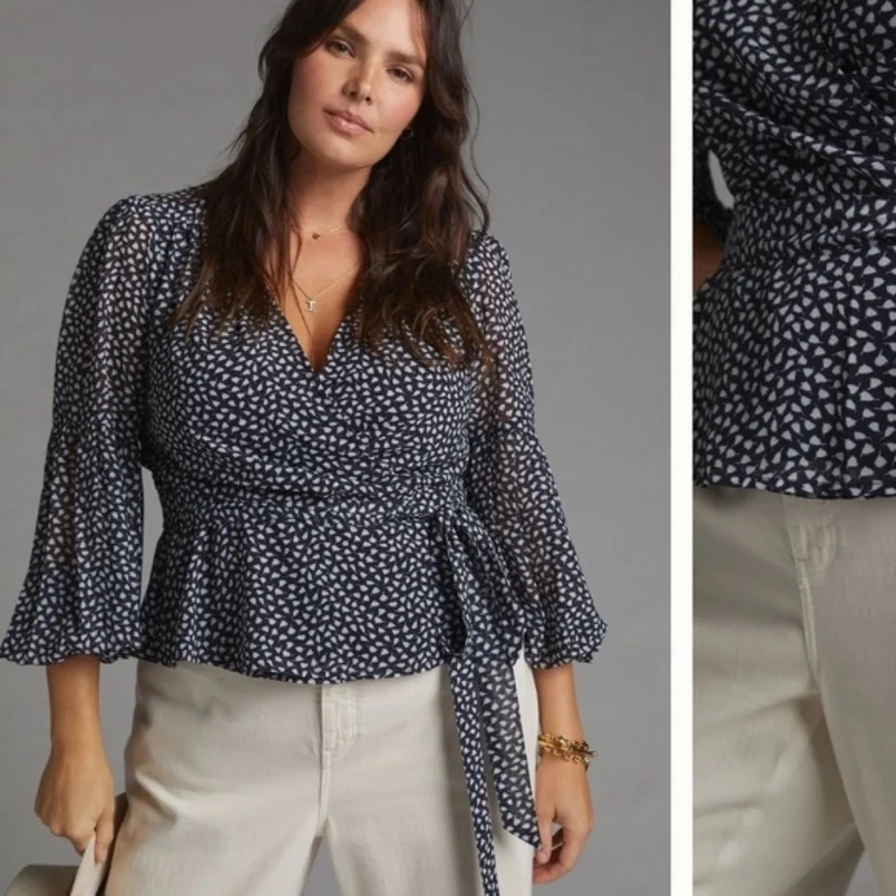 NWT Anthropologie Porridge Puff-Sleeved Black and White Wrap Blouse - Picture 3 of 4